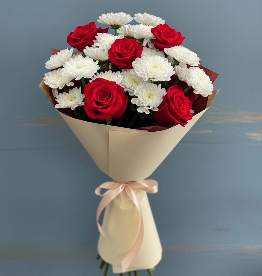 Букет цветов из: Розы и Хризантемы в Киргиз-Мияки