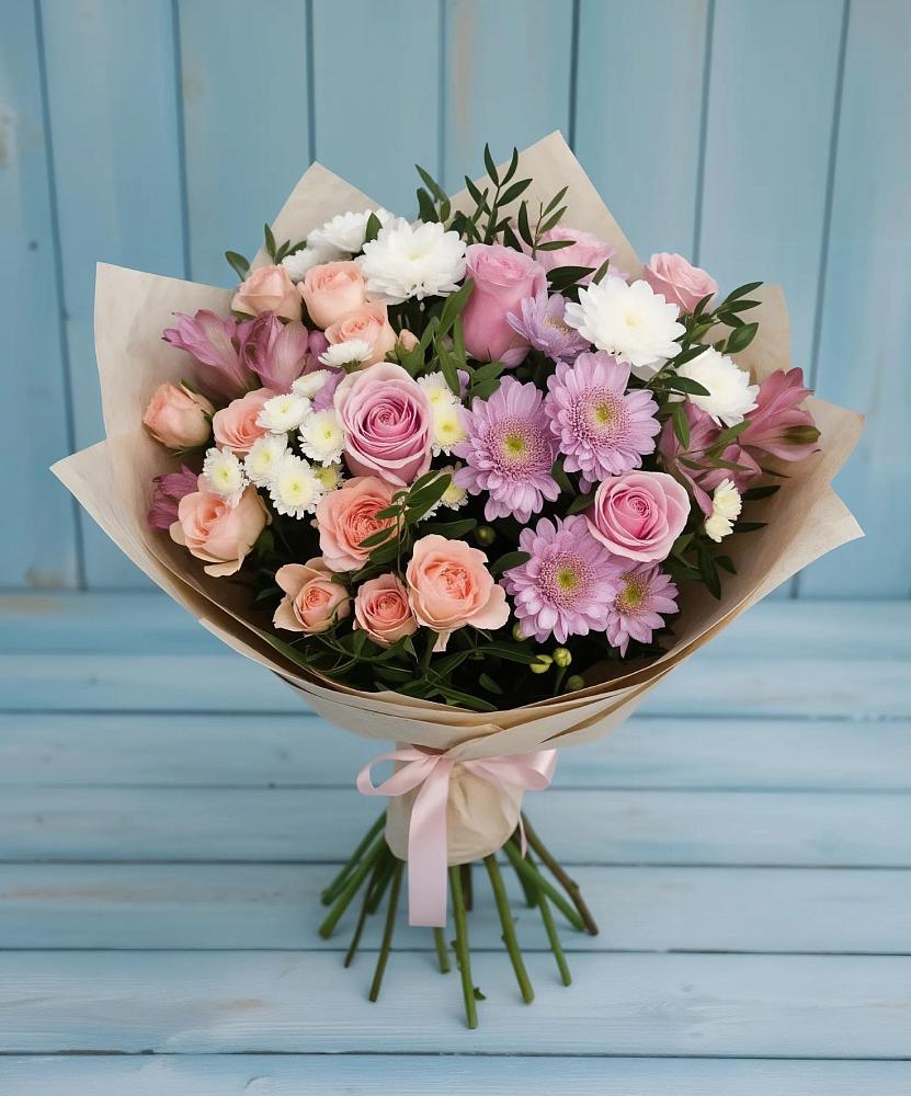 Букет цветов из: Хризантемы, Розы и Альстромерии в Киргиз-Мияки