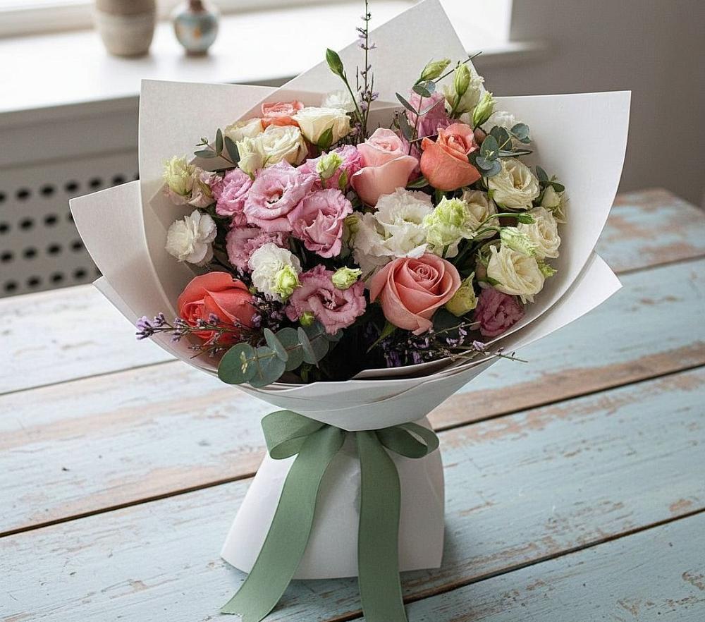 Букет цветов из: Розы, Лизиантусы и Гвоздики в Киргиз-Мияки