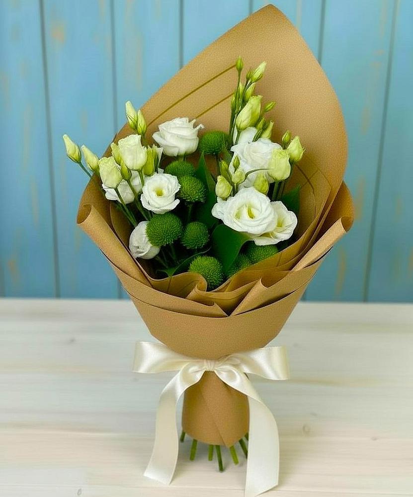 Букет цветов из: Хризантемы и Лизиантусы в Киргиз-Мияки