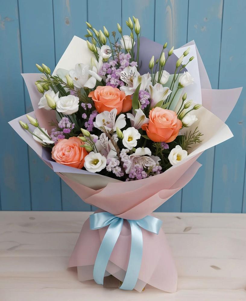 Букет цветов из: Лизиантусы, Розы, Альстромерии и Гипсофила в Киргиз-Мияки