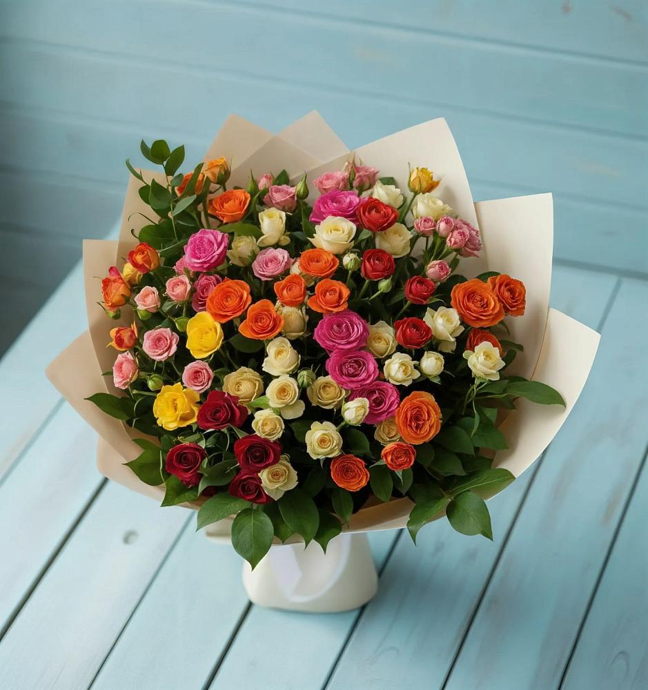 Букет Микс из разноцветных кустовых роз в Киргиз-Мияки