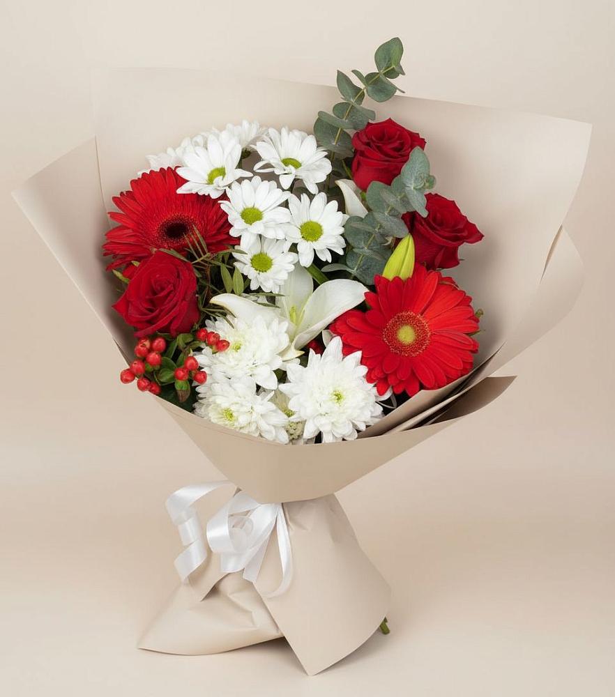 Букет цветов из: Розы, Хризантемы, Герберы и Лилии в Киргиз-Мияки