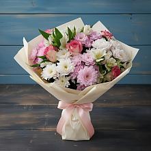 Букет цветов из:  Хризантемы, Альстромерии и Розы #REPLACE_PRED# Киргиз-Мияки