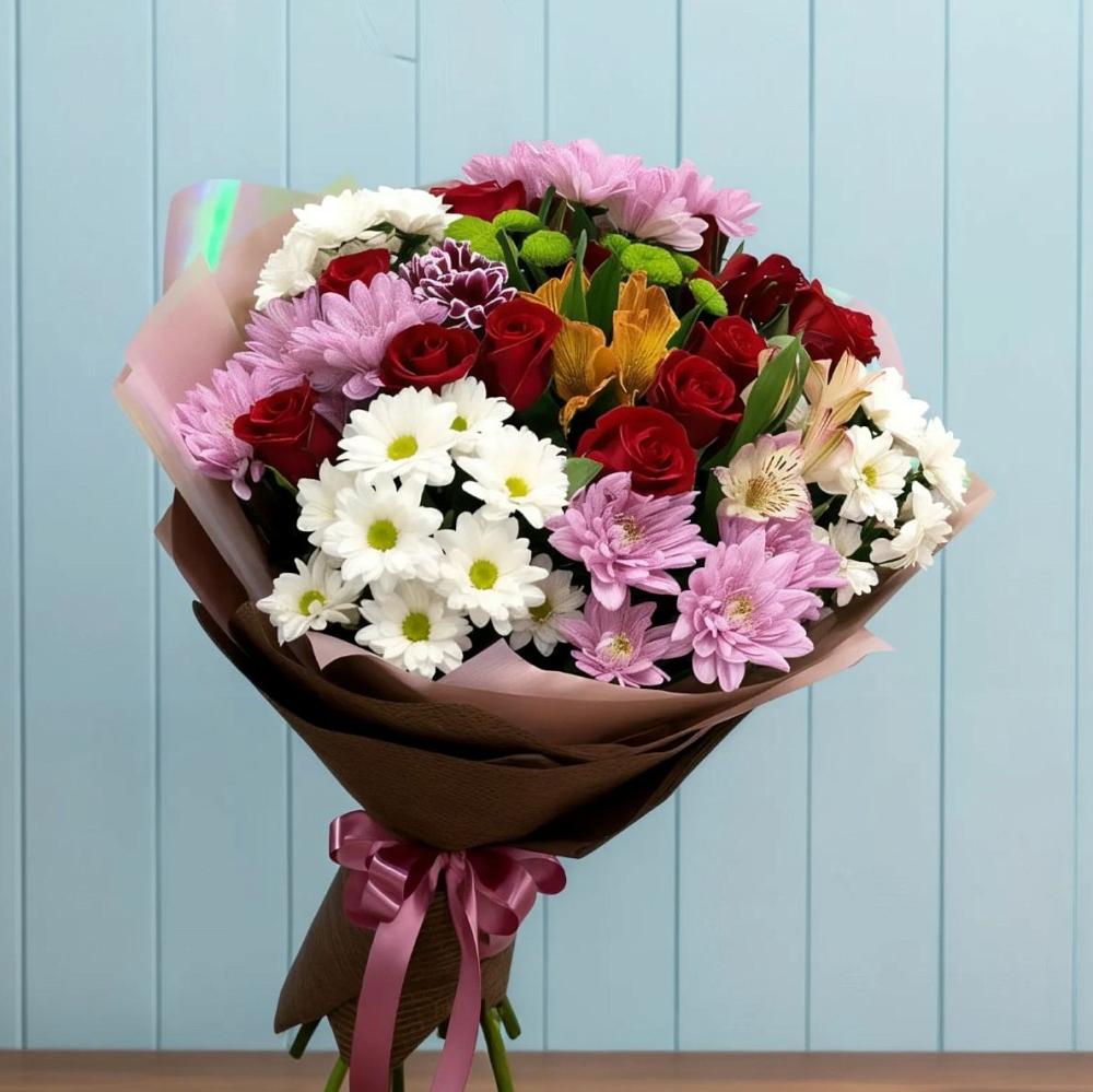 Букет цветов из: Розы, Хризантемы и Альстромерии в Киргиз-Мияки
