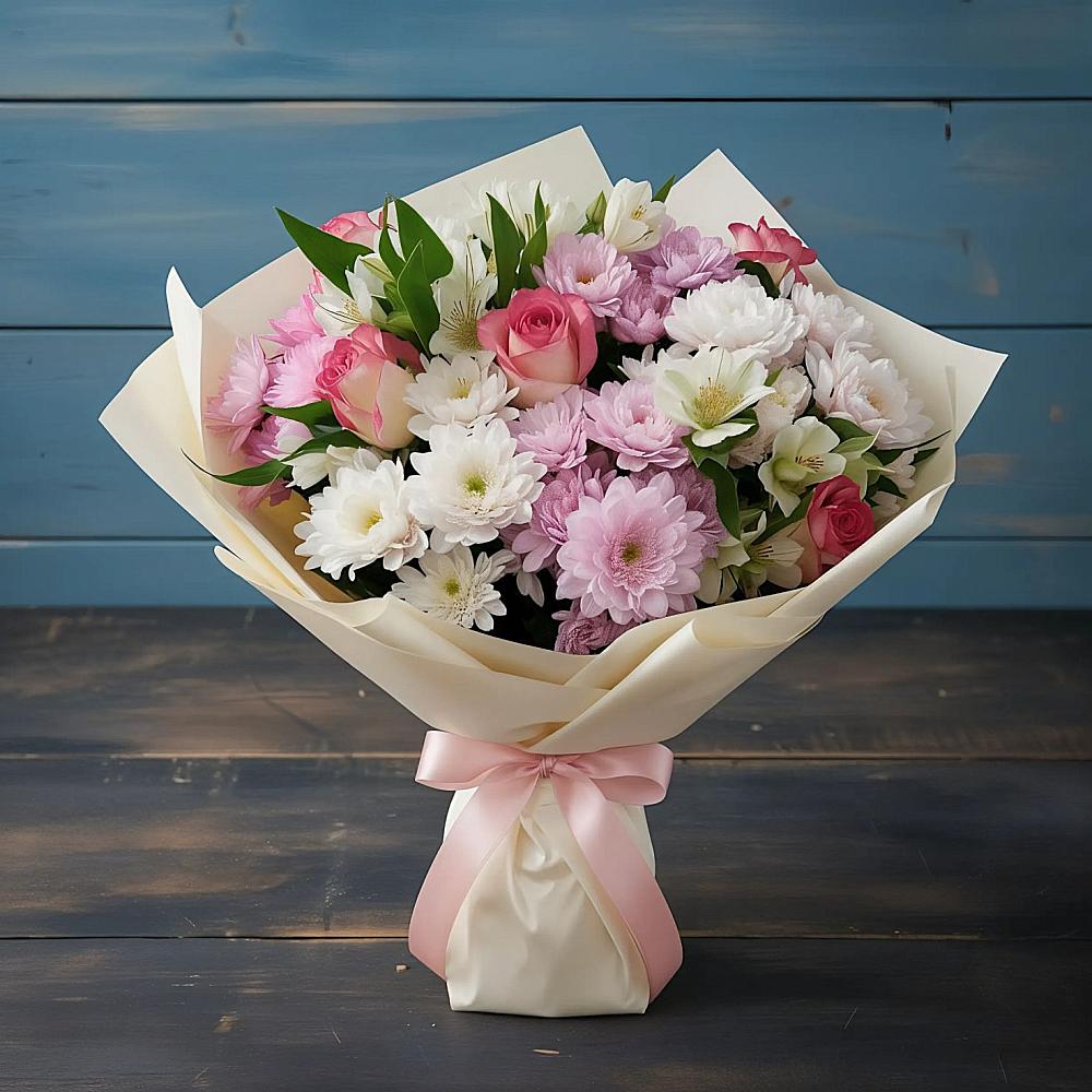 Букет цветов из: Хризантемы, Альстромерии и Розы в Киргиз-Мияки